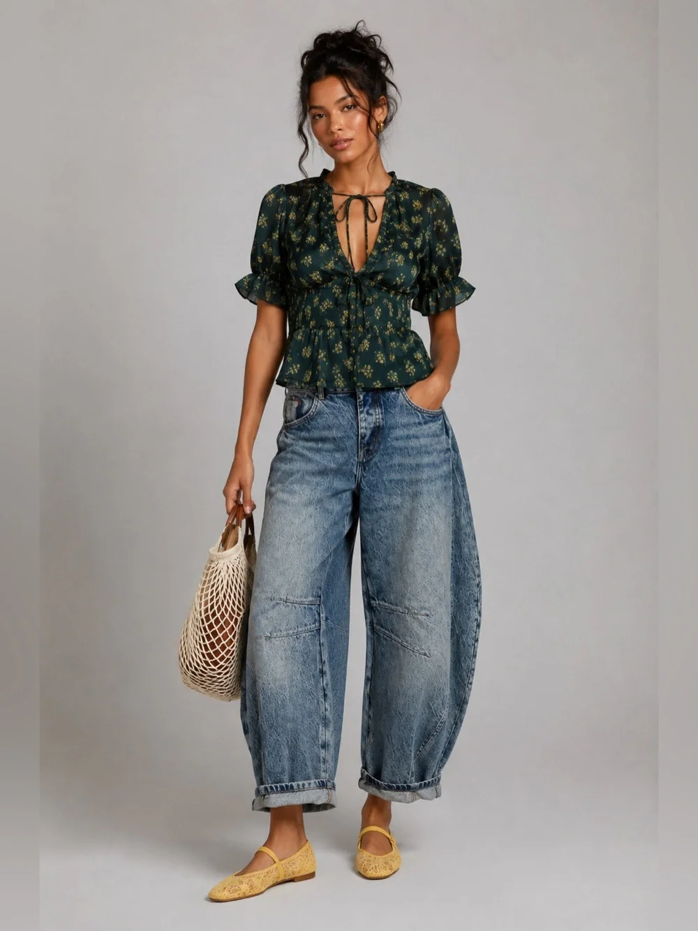 FREE PEOPLE Y2K Dark Green Floral Tie-Front Satin Peplum Deep V-Neck Blouse